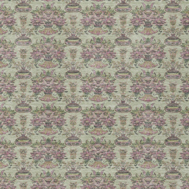 10' X 14' Green And Beige Floral Washable Indoor Outdoor Area Rug