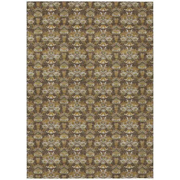 10' X 14' Chocolate And Copper Floral Washable Indoor Outdoor Area Rug
