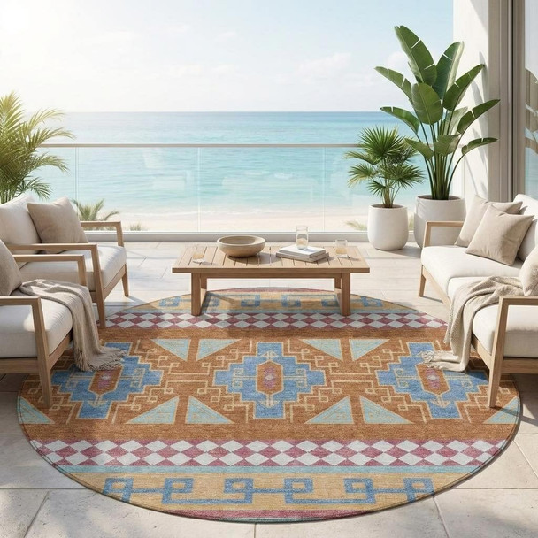 8' Blue And Aqua Round Tribal Washable Indoor Outdoor Area Rug