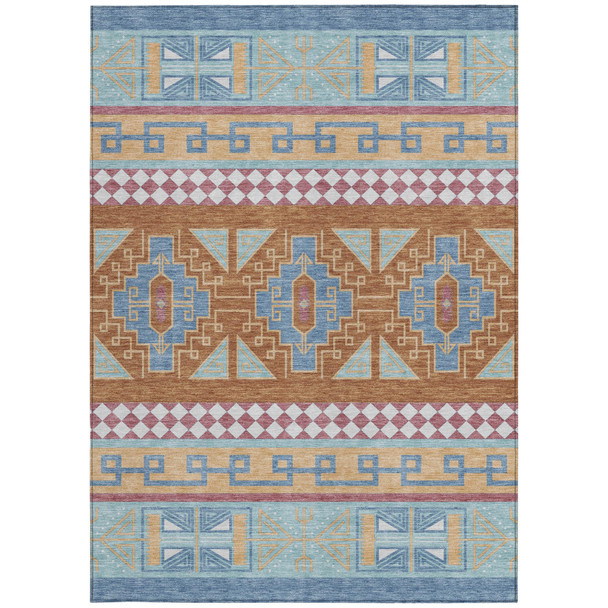 8' X 10' Blue And Aqua Tribal Washable Indoor Outdoor Area Rug