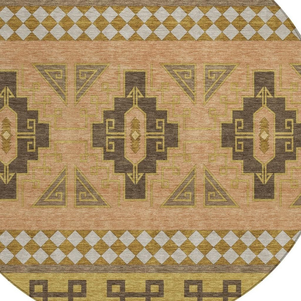 8' Chocolate And Olive Green Round Tribal Washable Indoor Outdoor Area Rug