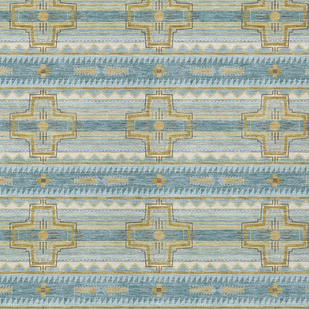 3' X 5' Teal Blue And Gold Tribal Washable Indoor Outdoor Area Rug