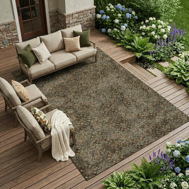 9' X 12' Chocolate And Gray Geometric Washable Indoor Outdoor Area Rug