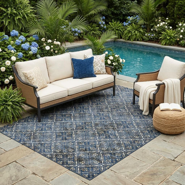 5' X 8' Navy Blue And Gray Geometric Washable Indoor Outdoor Area Rug