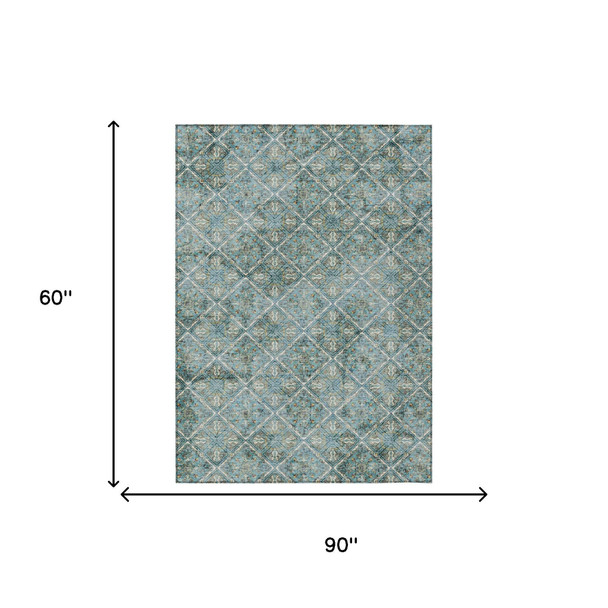 5' X 8' Teal Blue And Purple Geometric Washable Indoor Outdoor Area Rug