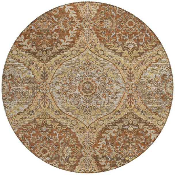 8' Copper And Pink Round Ogee Washable Indoor Outdoor Area Rug