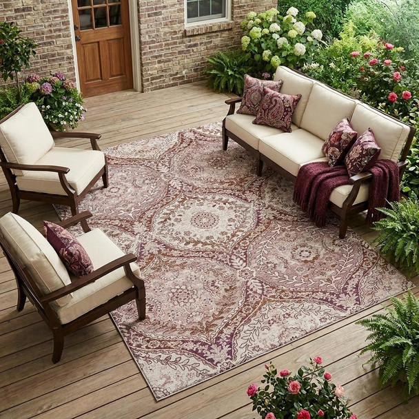 8' X 10' Pink And Green Ogee Washable Indoor Outdoor Area Rug