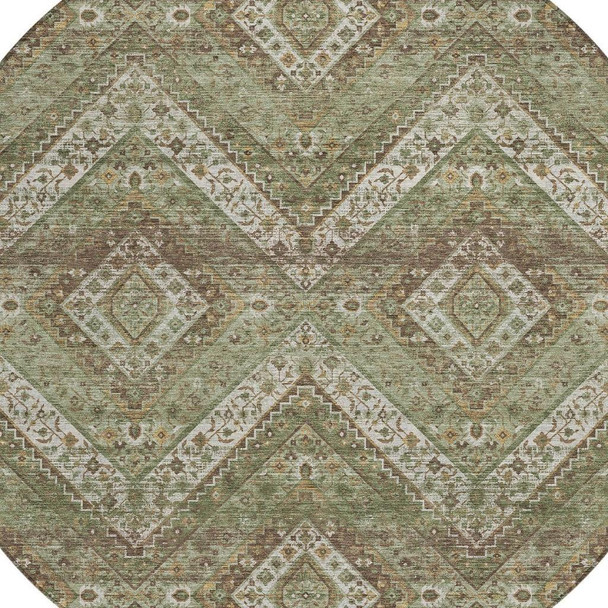 8' Olive Green And Blue Round Tribal Washable Indoor Outdoor Area Rug