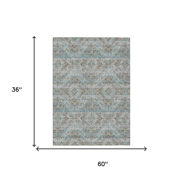 3' X 5' Teal Blue And Purple Tribal Washable Indoor Outdoor Area Rug