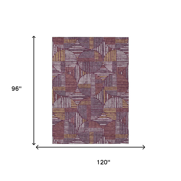 8' X 10' Eggplant And Brown Geometric Washable Indoor Outdoor Area Rug