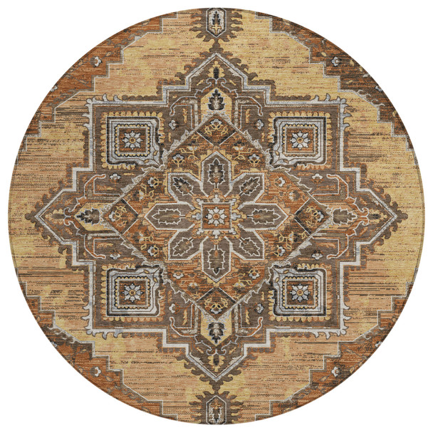 8' Copper And Beige Round Oriental Washable Indoor Outdoor Area Rug