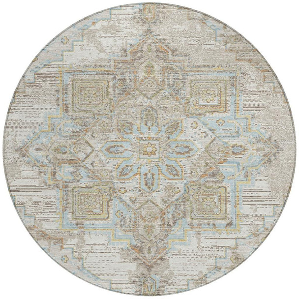 8' Ivory And Orange Round Oriental Washable Indoor Outdoor Area Rug