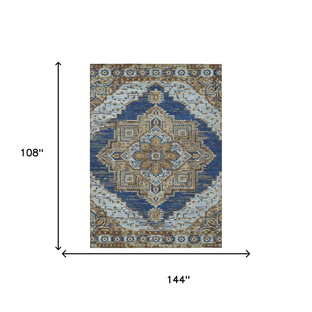 9' X 12' Navy Blue And Linen Oriental Washable Indoor Outdoor Area Rug