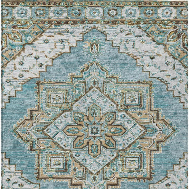 5' X 8' Teal Blue And Graphite Oriental Washable Indoor Outdoor Area Rug