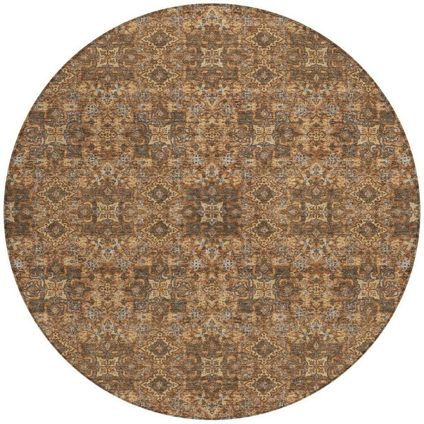 8' Orange And Linen Round Oriental Washable Indoor Outdoor Area Rug