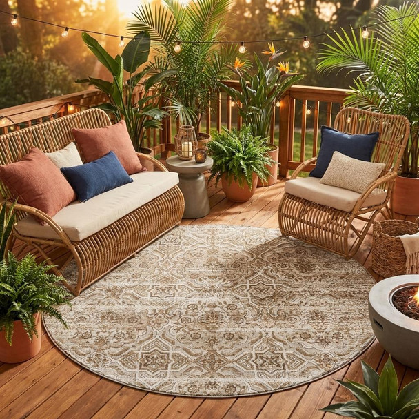 8' Beige And Brown Round Floral Washable Indoor Outdoor Area Rug