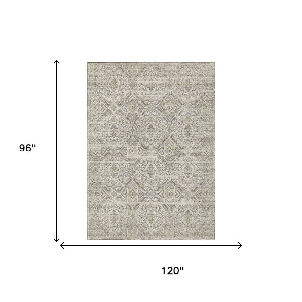 8' X 10' Ivory And Linen Floral Washable Indoor Outdoor Area Rug