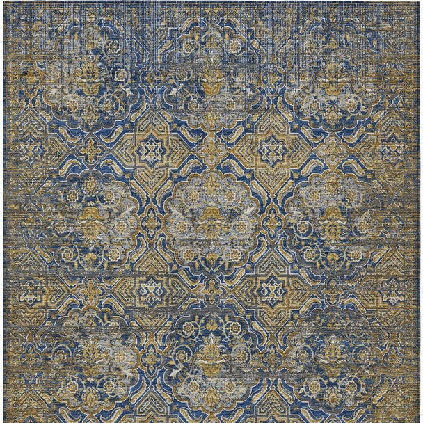 9' X 12' Navy Blue And Blue Floral Washable Indoor Outdoor Area Rug