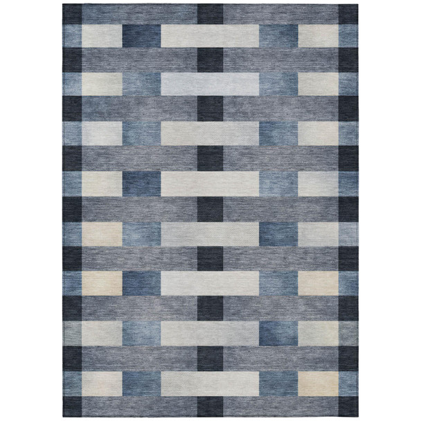 5' X 8' Blue And Graphite Striped Washable Indoor Outdoor Area Rug
