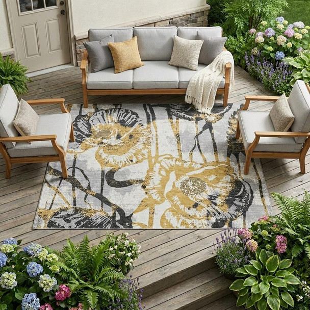 9' X 12' Pewter And Gray Floral Washable Indoor Outdoor Area Rug