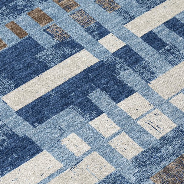 3' X 5' Denim Blue And Blue Striped Washable Indoor Outdoor Area Rug