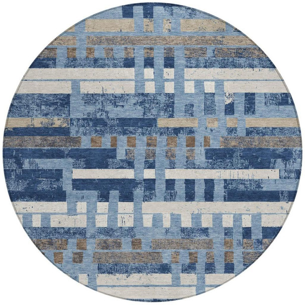 8' Denim Blue And Blue Round Striped Washable Indoor Outdoor Area Rug