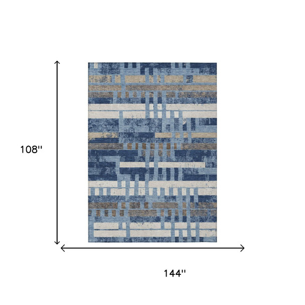 9' X 12' Denim Blue And Blue Striped Washable Indoor Outdoor Area Rug