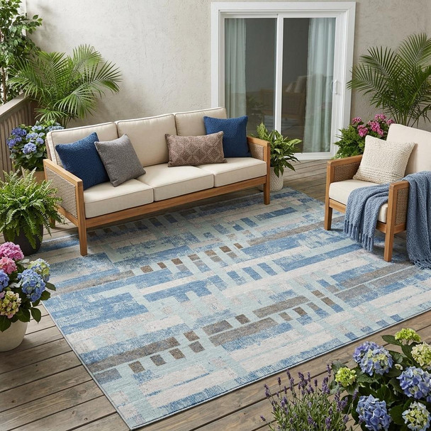 5' X 8' Sky Blue And Blue Striped Washable Indoor Outdoor Area Rug