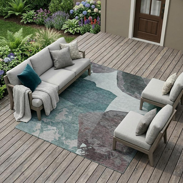8' X 10' Teal Blue And Graphite Abstract Washable Indoor Outdoor Area Rug