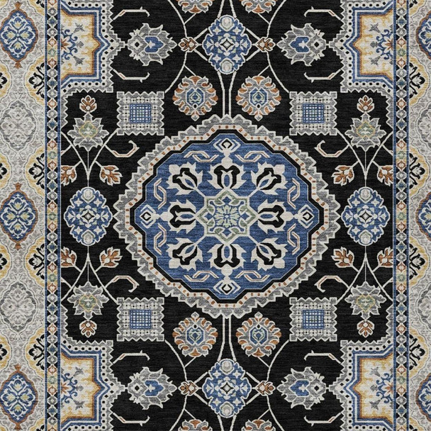 9' X 12' Black And Graphite Floral Medallion Washable Indoor Outdoor Area Rug