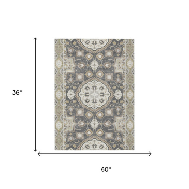 3' X 5' Graphite And Gray Floral Medallion Washable Indoor Outdoor Area Rug