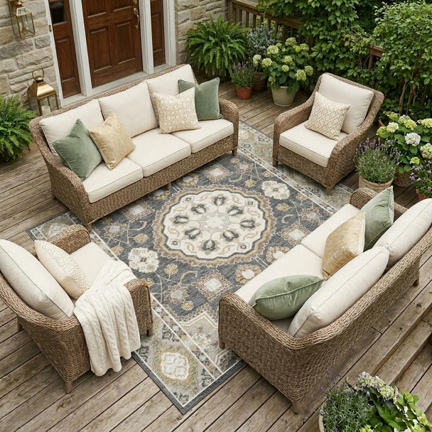8' X 10' Graphite And Gray Floral Medallion Washable Indoor Outdoor Area Rug