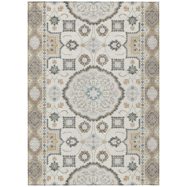 9' X 12' Ivory And Silver Floral Medallion Washable Indoor Outdoor Area Rug