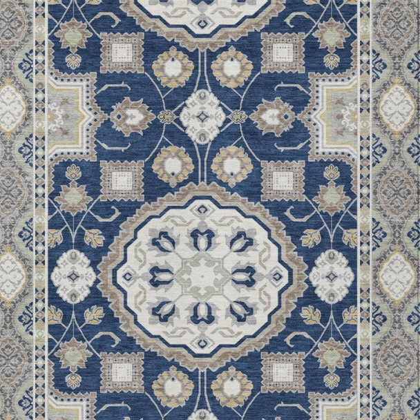9' X 12' Navy Blue And Blue Floral Medallion Washable Indoor Outdoor Area Rug