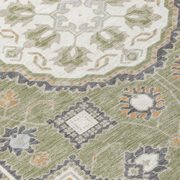 9' X 12' Sage And Green Floral Medallion Washable Indoor Outdoor Area Rug