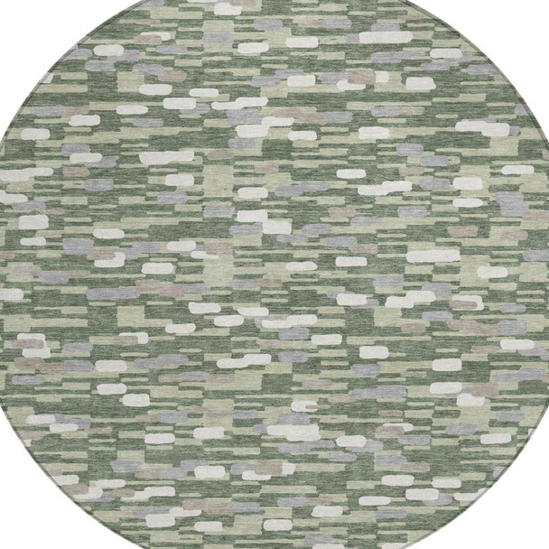8' Green And Silver Round Geometric Washable Indoor Outdoor Area Rug
