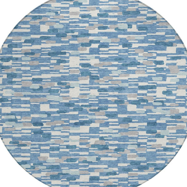 8' Denim Blue And Blue Round Geometric Washable Indoor Outdoor Area Rug