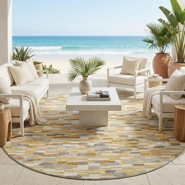 8' Gold And Beige Round Geometric Washable Indoor Outdoor Area Rug