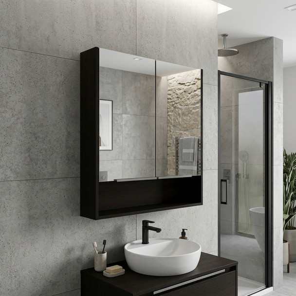 24" Black Wood Floating Double Door Bathroom Vanity And Medicine Cabinet With Mirror
