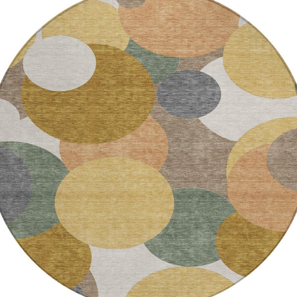 8' Gold And Walnut Round Geometric Washable Indoor Outdoor Area Rug