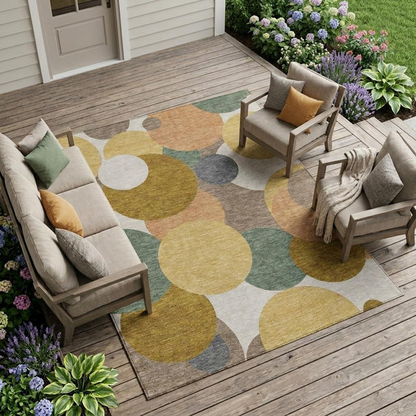 10' X 14' Gold And Walnut Geometric Washable Indoor Outdoor Area Rug