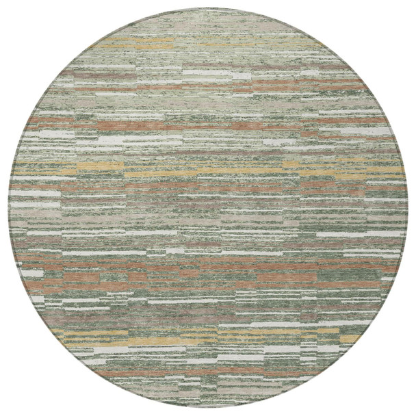 8' Green And Beige Round Striped Washable Indoor Outdoor Area Rug
