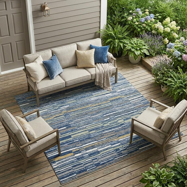 10' X 14' Navy Blue And Blue Striped Washable Indoor Outdoor Area Rug