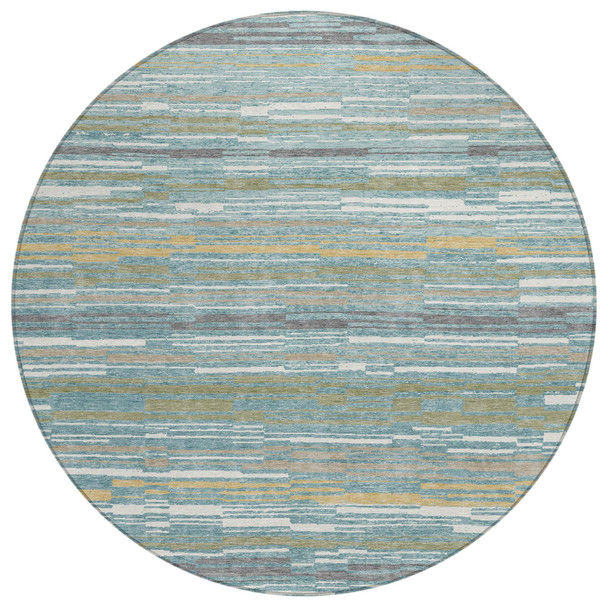 8' Teal Blue And Gold Round Striped Washable Indoor Outdoor Area Rug