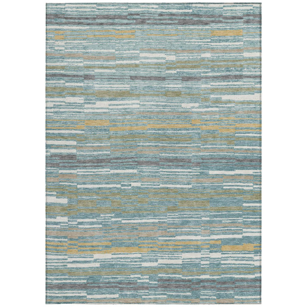 9' X 12' Teal Blue And Gold Striped Washable Indoor Outdoor Area Rug