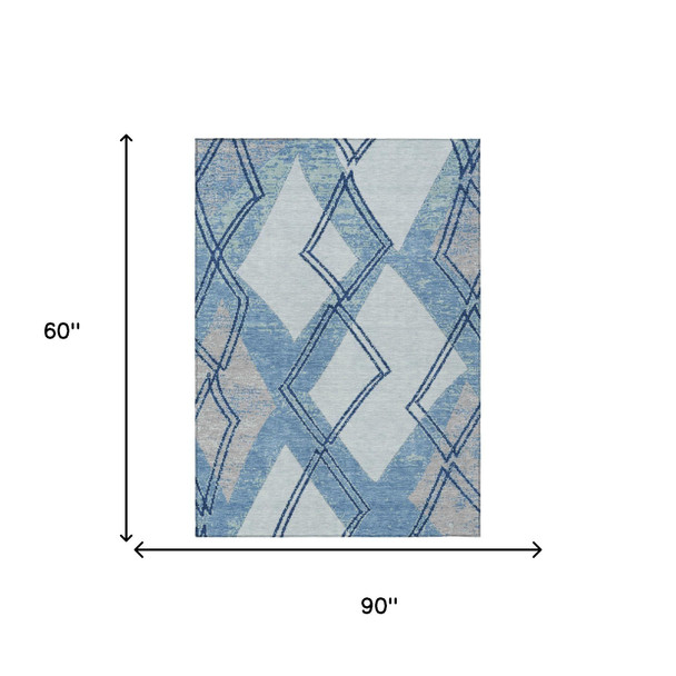 5' X 8' Sky Blue And Blue Geometric Washable Indoor Outdoor Area Rug