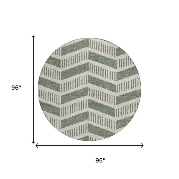 8' Green And Ivory Round Geometric Washable Indoor Outdoor Area Rug