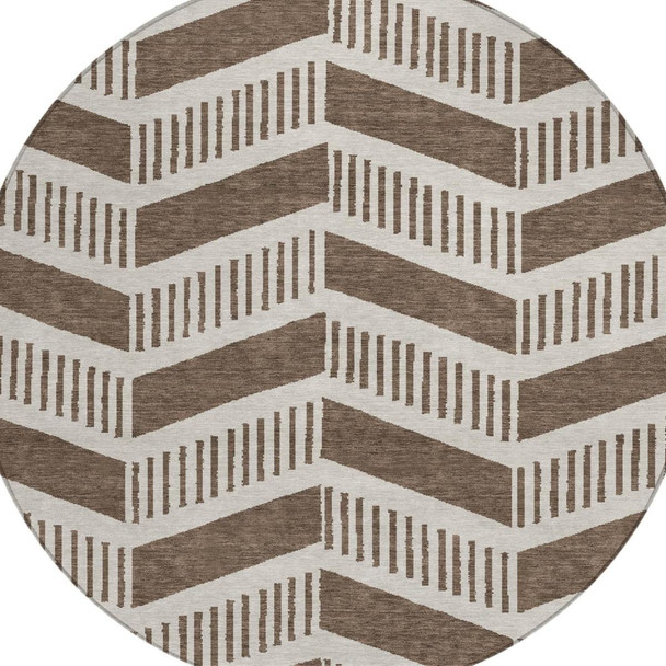 8' Coffee And Brown Round Geometric Washable Indoor Outdoor Area Rug