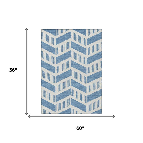 3' X 5' Denim Blue And Blue Geometric Washable Indoor Outdoor Area Rug