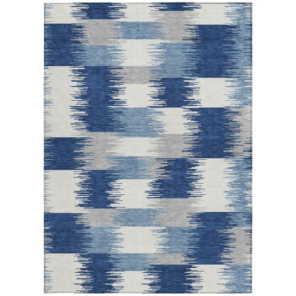 3' X 5' Blue And Ivory Geometric Washable Indoor Outdoor Area Rug